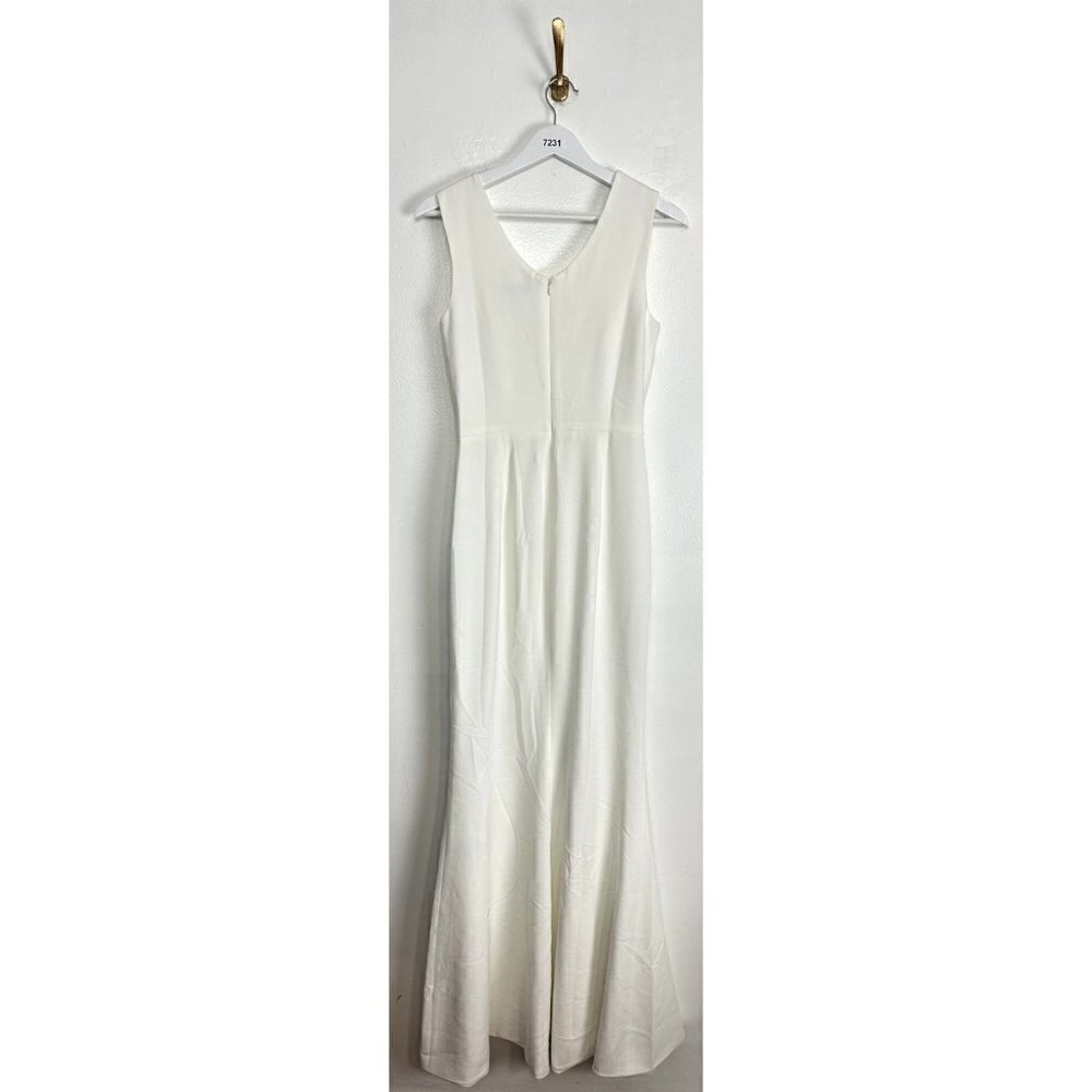 DRESS THE POPULATION Sandra Plunge Crepe Trumpet Gown in Off White Size Small - Picture 9 of 14